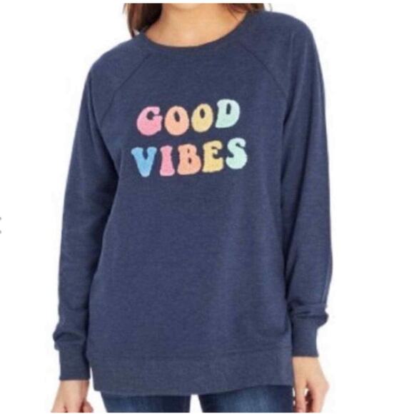 WILDFOX "Good Vibes" Crewneck Sweatshirt, Heather Navy, Size Small - Picture 1 of 4